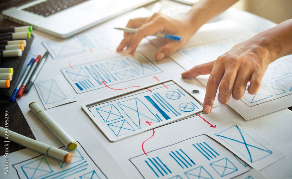 Poster ux graphic designer creative sketch planning application process development prototype wireframe for