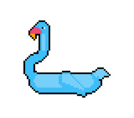 Inflatable blue flamingo pixel art. Magic bird Toy for swimming pixelated. Old game graphics. 8 bit Vector illustration