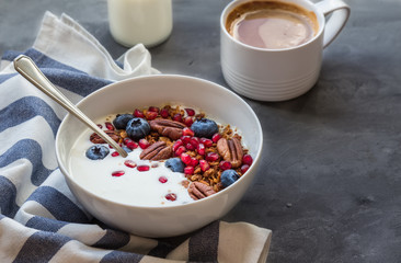 Granola, muesli with pomegranate seeds, blueberries and yogurt