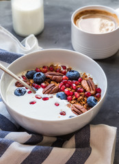 Granola, muesli with pomegranate seeds, blueberries and yogurt