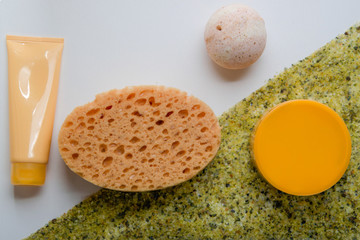 Sponge and shower accessories. Top view.