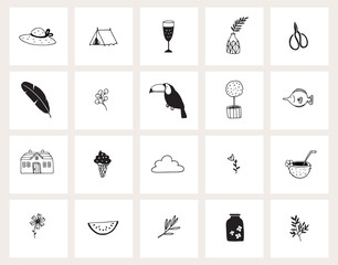 Set of hand drawn doodle web icons. Line art. Summer, vacation, travel concept. Black and white design. Isolated vector illustrations, sketches. Animals, plants, food, drink and lifestyle objects.
