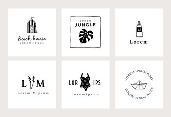 Set of hand drawn minimal logo templates. Food, drink and travel concept. Business branding identity. Isolated symbols. Simple and elegant icons collection. Vector illustrations. Retro design.