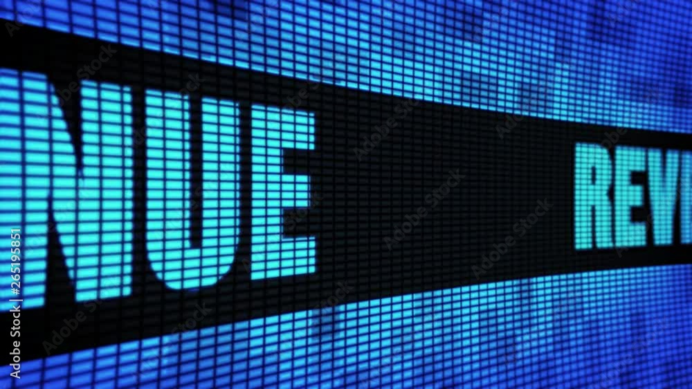 Poster revenue side text scrolling on light blue digital led display board pixel light screen looped animat