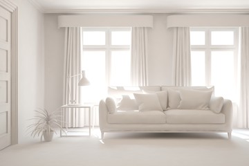 Mock up of stylish room in white color with sofa. Scandinavian interior design. 3D illustration