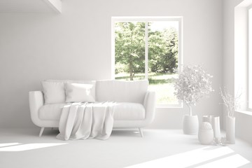 Mock up of stylish room in white color with sofa and green landscape in window. Scandinavian interior design. 3D illustration