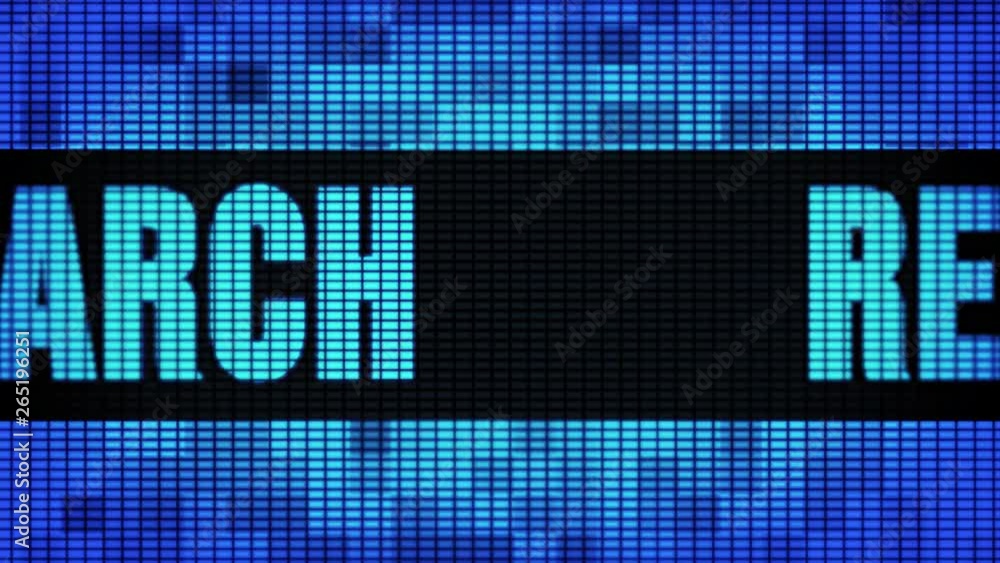 Poster research front text scrolling on light blue digital led display board pixel light screen looped anim
