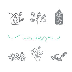 Fototapeta na wymiar Set of vector scandinavian floral Logo. Hand drawn icon flower organic cosmetic, florist wedding, home decor. Home Design text