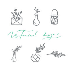 Set of vector scandinavian floral Logo. Hand drawn icon flower organic cosmetic, florist wedding, home decor. Botanical Design text