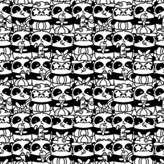 A lot of Cute Kandawa panda bears on a sea summer holiday. Vector flat monochrome seamless pattern in linear style.