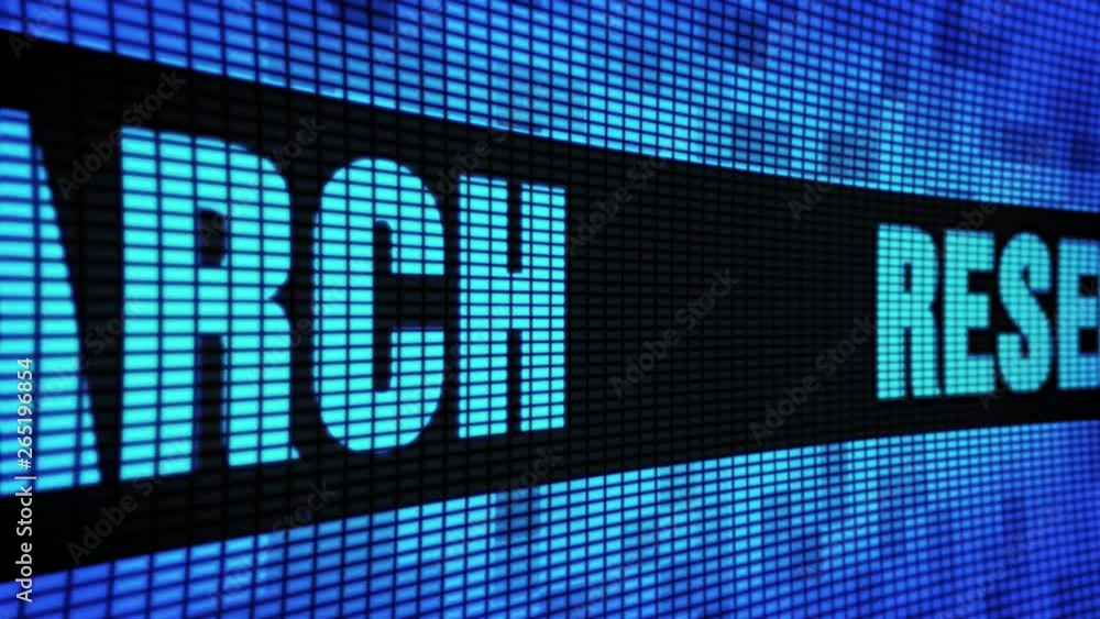 Poster research side text scrolling on light blue digital led display board pixel light screen looped anima