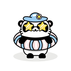 Little cute panda in sunglasses and with an inflatable circle goes to the pool. Big wave on the sea. Vector flat illustration in linear style on white background. Emotions Kawai Bear