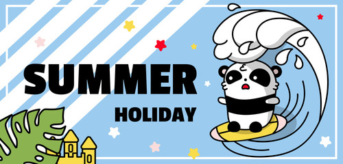 Kawaii Panda is an animal on summer holiday surfing the sea. Vector banner and background with stripes