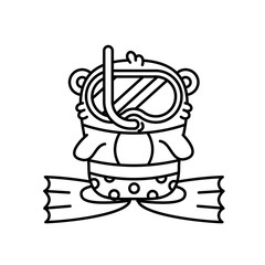 Little cute panda diver in mask and flippers on the beach, Vector outline illustration in linear style on white background. Kawai bear. Coloring book page