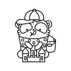 Little cute panda builds a sand castle on the beach, Vector outline illustration in linear style on white background. Kawai bear. Coloring book page