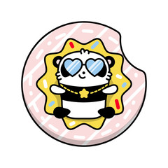 Little cute panda lies on the inflatable circle donut in the pool, Vector color flat illustration in linear style on white background. Kawai bear.