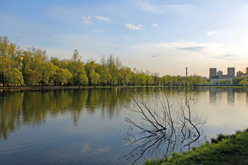 Top view of the city of Minsk from the roof of the national library of Belarus and the reflection of houses on the glass roof