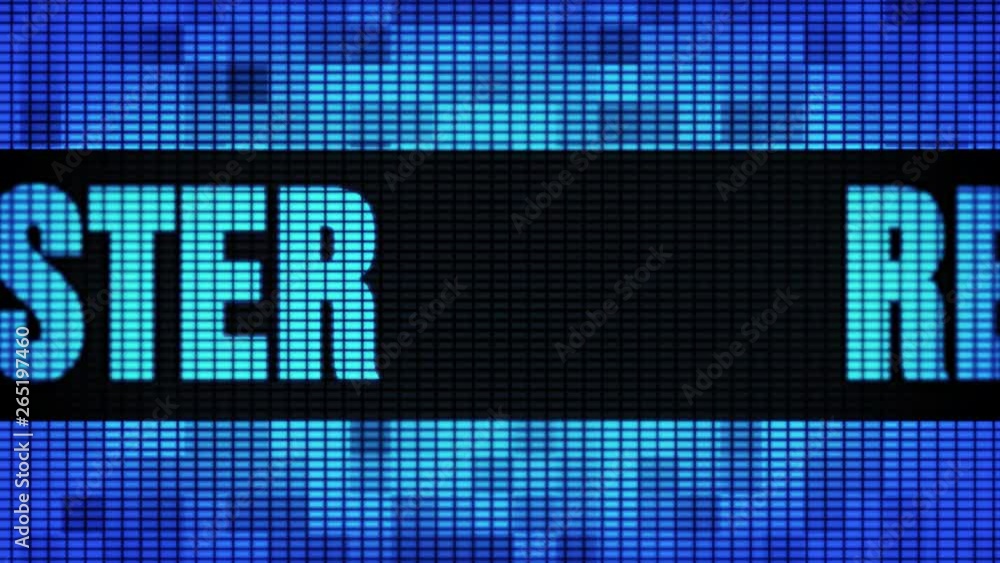 Poster register front text scrolling on light blue digital led display board pixel light screen looped anim