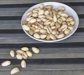 Healthy food  for background image close up pistachios nuts. Texture on top view Nuts pistachio on the cup plate