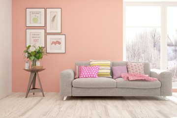 Stylish room in coral color with sofa and winter landscape in window. Scandinavian interior design. 3D illustration