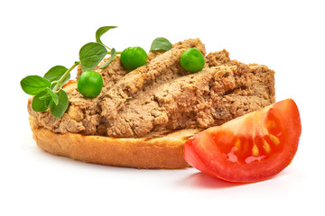 Homemade liver pate sandwich, close-up, isolated on white background - obrazy, fototapety, plakaty