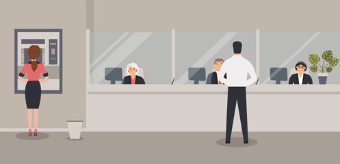 Bank office interior:Bank clerks sit behind barrier with glass, ATM or cash machine,bin.Elegant interior financial institution. Hall with bank counter with plant monstera in pot. Vector illustration