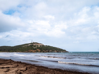 panoramic view of Cala Genovese, one of the wildest beaches of the Cap Corse along the Sentier des Douaniers (Custom Officers Route), a famous coastal path for hikers