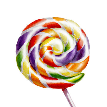 Watercolor lollipop isolated on white background. Spiral candy hand drawn illustration. Sweet sketch.