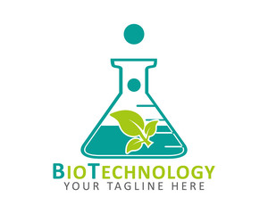 Bio Technology Logo. Plant icon on flask sign.