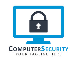 Computer security logo. Key symbol on monitor screen.