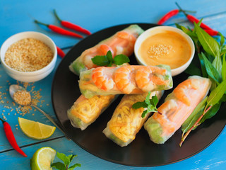 Fresh summer rolls with shrimp and vegetables, Vietnamese food for healthy food concept.