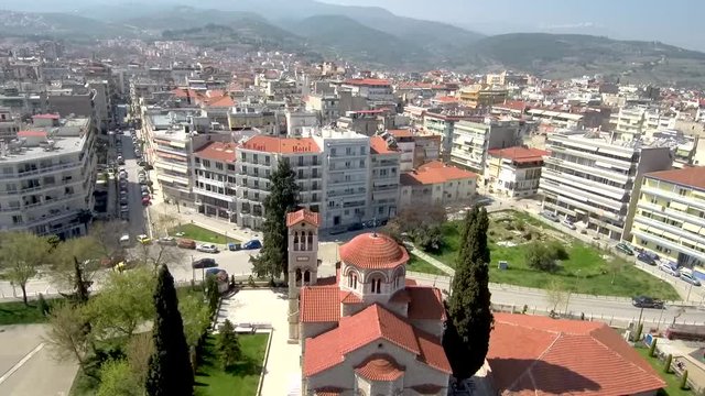 Aerial view of Greek Orthodox temple in Veria city Geece , move forward by drone