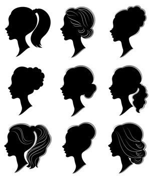 Collection. Silhouette of a head of a sweet lady in different frames. The girl shows a woman's hairstyle on medium and long hair. Suitable for logo, advertising. Set of vector illustrations
