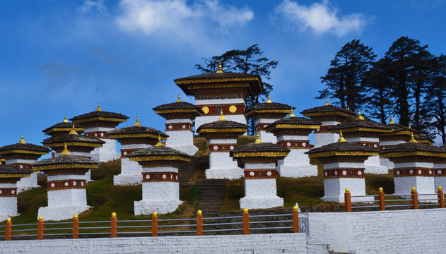 The 108 memorial chortens or stupas known as Druk Wangyal Chortens at the Dochula pass, Bhutan.