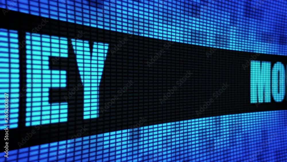 Poster money side text scrolling on light blue digital led display board pixel light screen looped animatio