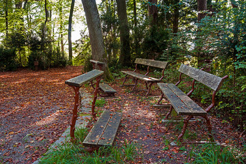 benches to pray and kneel on Calvary in the forest