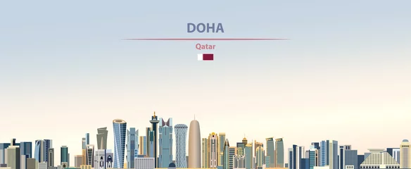 Fotobehang Vector illustration of Doha city skyline on colorful gradient beautiful daytime background © brichuas