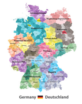 Germany subdivisions vector map colored by states and administrative districts