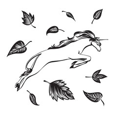 Hand drawn unicorn and leaves outline sketch. Vector magic black ink drawing isolated on white background. Graphic illustration