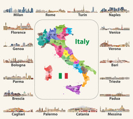Italy map with main cities skylines vector illustrations