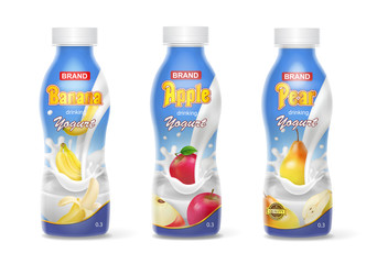 Yogurt bottles set with fruits banana, apple, pear. Realistic collection.