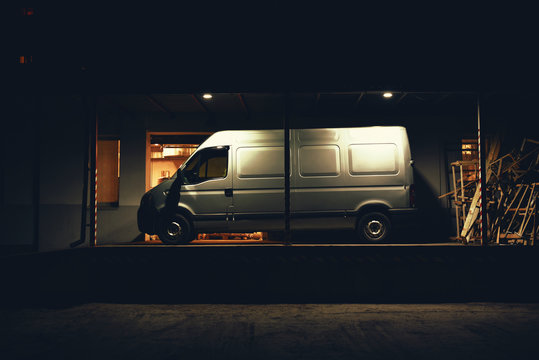 Commercial Van In The Warehouse Delivery Service In The Night