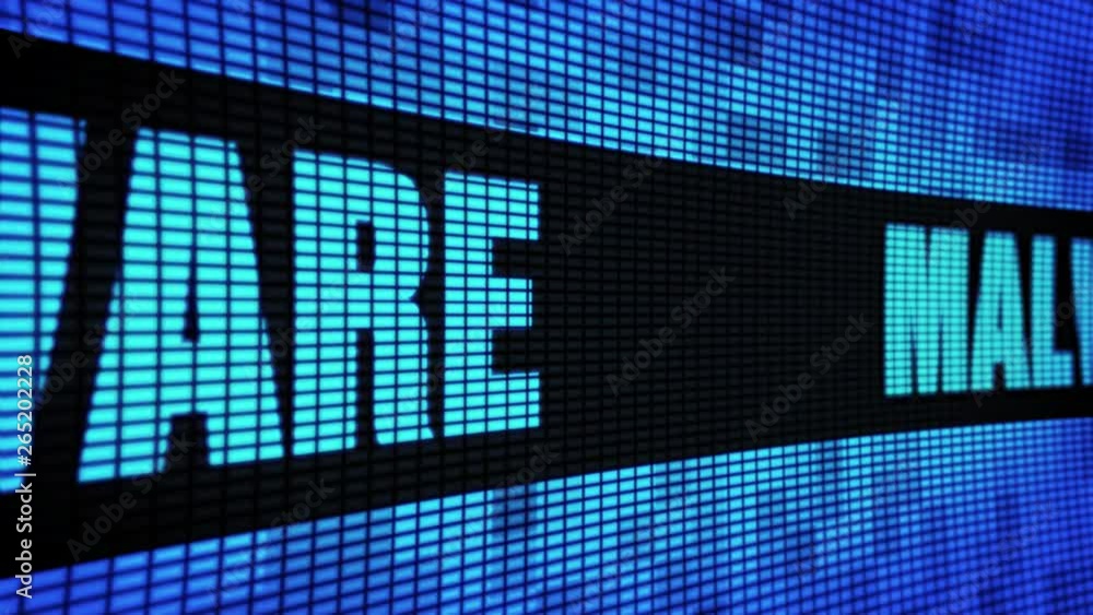 Poster malware side text scrolling on light blue digital led display board pixel light screen looped animat