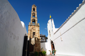 The belfry of the Panagia Church of Lindos, Rhodes.