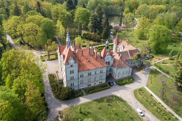Aerial view of castle-palace of the Count Schonborn near Mukachevo, Zakarpattia region, Ukraine.