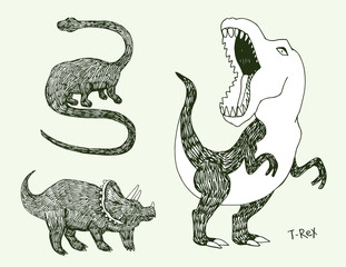 Apatosaurus triceraptor and angry tyrannosaurus rex with open huge mouth sketch. Hand-drawn dinosaur set. Animal vector illustration