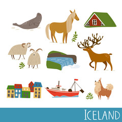 Set of Iceland nature vector symbols with landscapes, animals and architecture. 