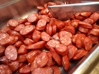 Sliced sausages at hotel restaurant