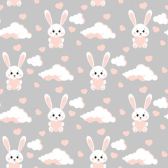 Vector seamless pattern with sweet and cute bunny white rabbit, clouds, pink hearts on grey background. Endless texture. Background for web, covers, banners, decoration, elegant children's design