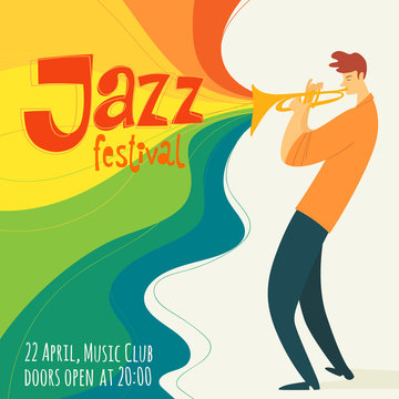 Vector jazz poster with trumpet player and festival text
